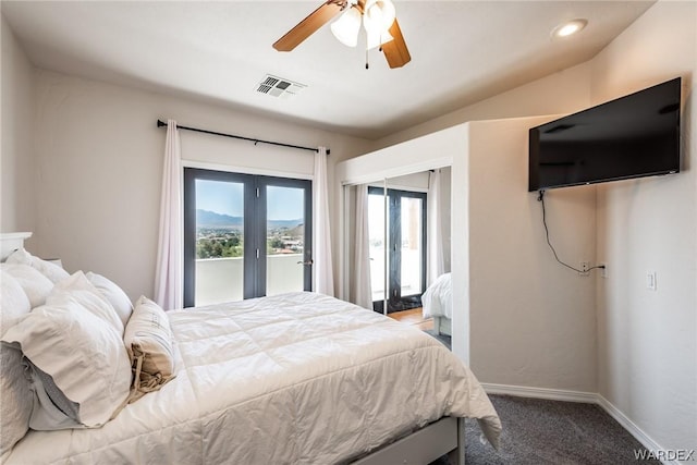 bedroom featuring carpet floors, visible vents, ceiling fan, access to outside, and baseboards