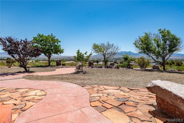 view of patio with a mountain view