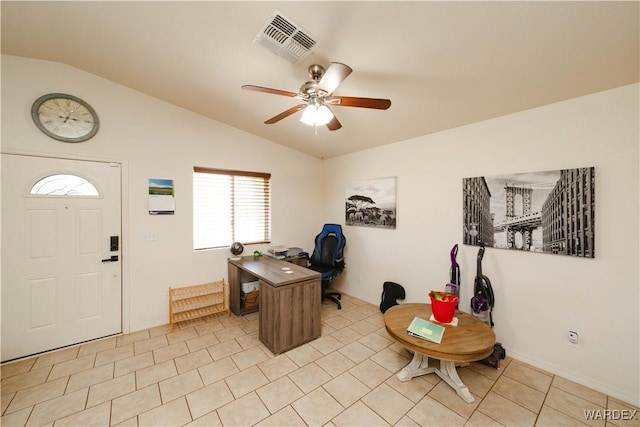 3144 N Prescott St, Kingman, AZ 86401 - office with lofted ceiling, a ceiling fan, visible vents, and light tile patterned floors