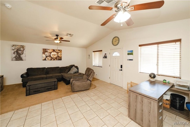 3144 N Prescott St, Kingman, AZ 86401 - living area featuring lofted ceiling, visible vents, a ceiling fan, and light tile patterned floors