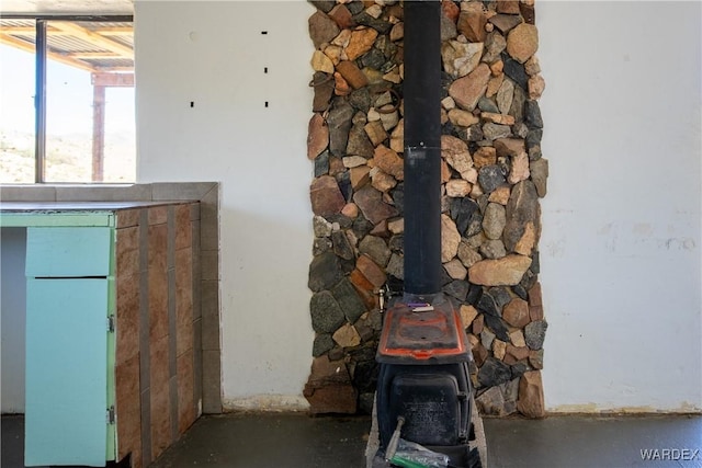 room details featuring a wood stove