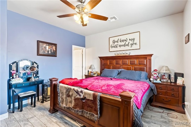 bedroom with light wood finished floors, baseboards, and visible vents