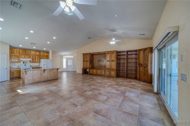 unfurnished living room featuring lofted ceiling, recessed lighting, visible vents, and a ceiling fan