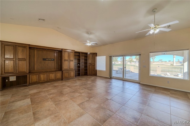 unfurnished living room with visible vents, ceiling fan, baseboards, and light tile patterned floors