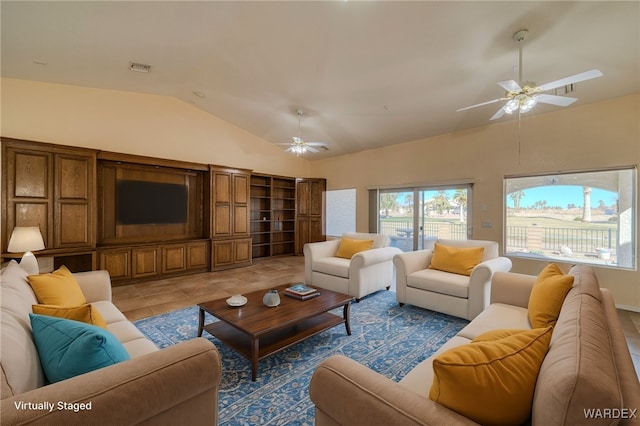 living area featuring a ceiling fan, visible vents, vaulted ceiling, and light tile patterned floors