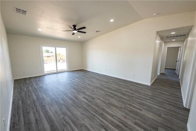7674 E Oxbow Dr, Kingman, AZ 86401 - empty room with a ceiling fan, dark wood-type flooring, baseboards, recessed lighting, and vaulted ceiling