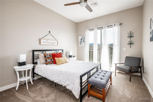 carpeted bedroom with access to outside, baseboards, visible vents, and ceiling fan
