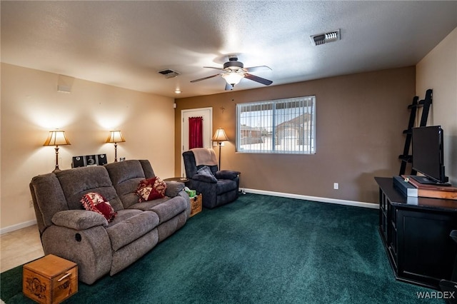 living room featuring baseboards, visible vents, ceiling fan, and a textured ceiling