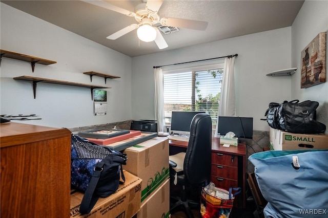 office space featuring visible vents and a ceiling fan