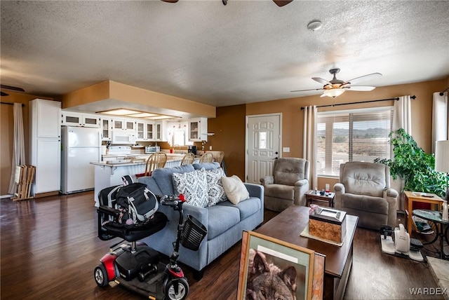 living area with a ceiling fan, dark wood-style flooring, and a textured ceiling