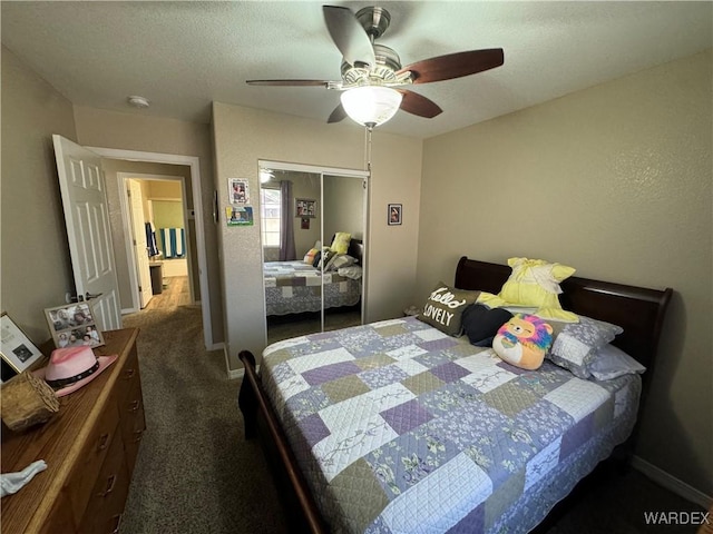 bedroom featuring a closet, a ceiling fan, carpet floors, and a textured ceiling