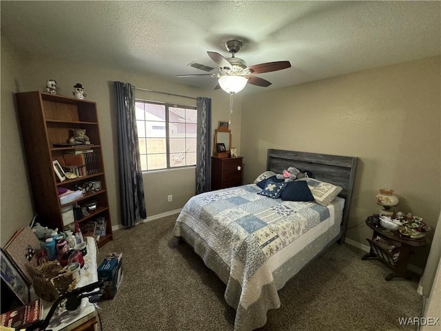 carpeted bedroom with visible vents, ceiling fan, baseboards, and a textured ceiling