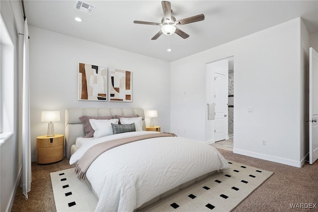 bedroom with recessed lighting, visible vents, carpet flooring, ceiling fan, and baseboards