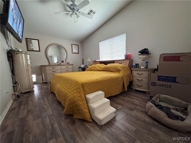 1481 E Topaz Cir Unit 2, Fort Mohave, AZ 86426 - bedroom featuring wood finished floors, high vaulted ceiling, visible vents, ceiling fan, and baseboards