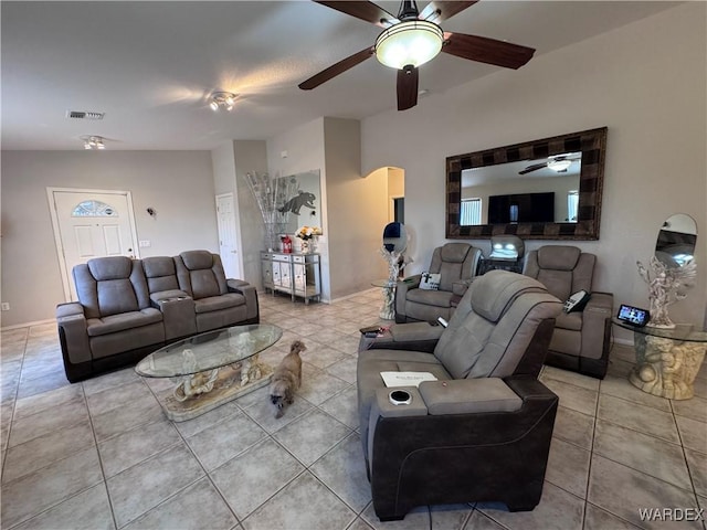 1481 E Topaz Cir Unit 2, Fort Mohave, AZ 86426 - living room featuring a ceiling fan, visible vents, and light tile patterned flooring
