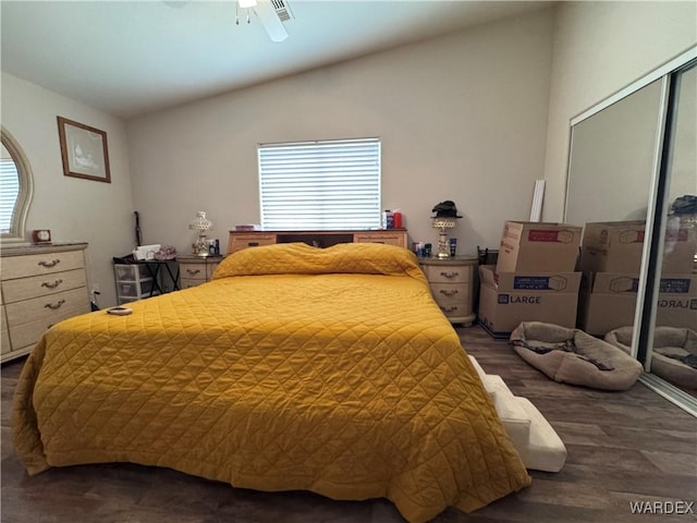 1481 E Topaz Cir Unit 2, Fort Mohave, AZ 86426 - bedroom featuring lofted ceiling, a closet, dark wood-type flooring, and multiple windows