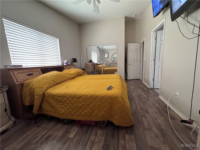 1481 E Topaz Cir Unit 2, Fort Mohave, AZ 86426 - bedroom featuring baseboards, a closet, a ceiling fan, and dark wood-type flooring