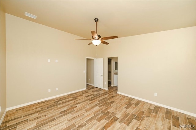 unfurnished room featuring light wood-style floors, ceiling fan, and baseboards