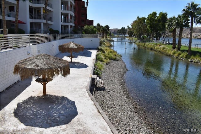 exterior space featuring a water view