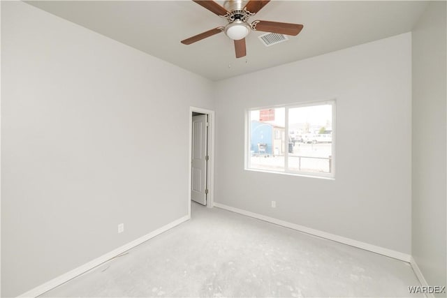 unfurnished room with visible vents, ceiling fan, and baseboards