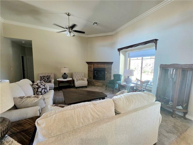 4132 Monte Silvano Ct, Kingman, AZ 86401 - living area featuring crown molding, a fireplace, ceiling fan, and carpet floors