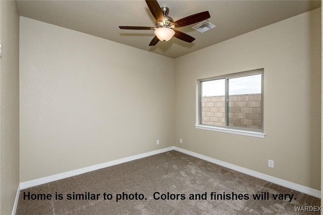 spare room featuring a ceiling fan, carpet, visible vents, and baseboards