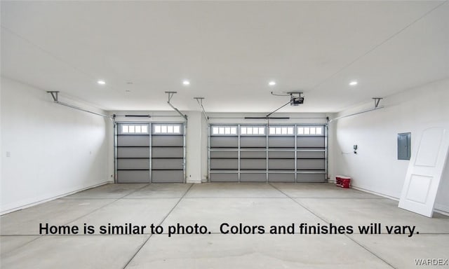 garage featuring recessed lighting, electric panel, baseboards, and a garage door opener