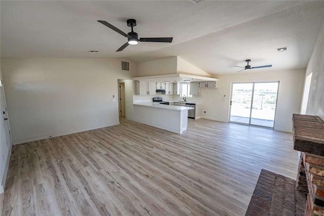 1925 E Ln Entrada Pl, Fort Mohave, AZ 86426 - unfurnished living room featuring ceiling fan, vaulted ceiling, and light wood-style floors