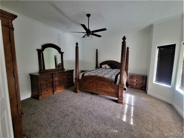 bedroom featuring baseboards, ornamental molding, and ceiling fan