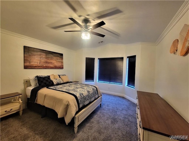 bedroom featuring ceiling fan, dark colored carpet, visible vents, and crown molding