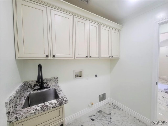 clothes washing area featuring hookup for a washing machine, hookup for an electric dryer, a sink, marble finish floor, and cabinet space