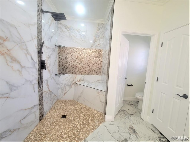 bathroom featuring marble finish floor, crown molding, a marble finish shower, toilet, and baseboards