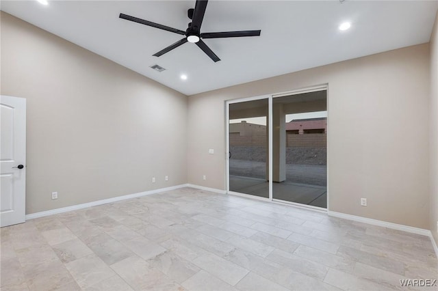 unfurnished room with ceiling fan, lofted ceiling, recessed lighting, visible vents, and baseboards