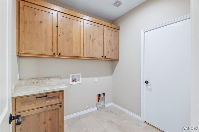 laundry room with cabinet space, baseboards, visible vents, hookup for a gas dryer, and hookup for a washing machine