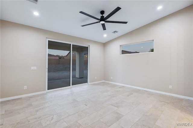 unfurnished room featuring recessed lighting, visible vents, a ceiling fan, vaulted ceiling, and baseboards