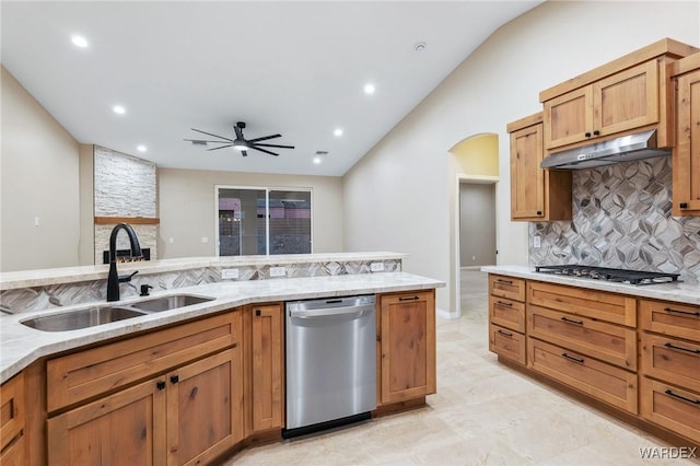 kitchen with arched walkways, lofted ceiling, under cabinet range hood, stainless steel appliances, and a sink