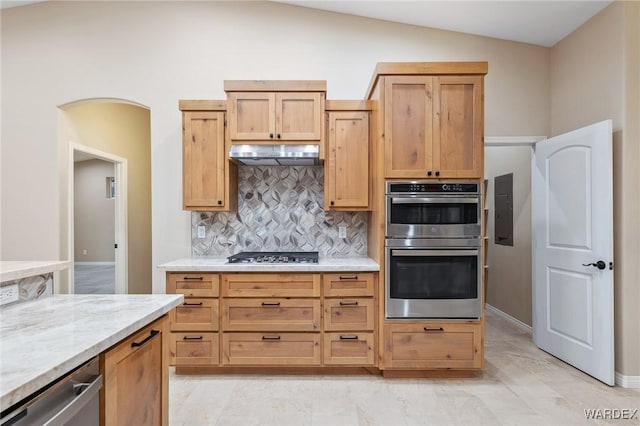 kitchen featuring tasteful backsplash, light stone countertops, vaulted ceiling, stainless steel appliances, and exhaust hood