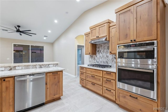 kitchen with arched walkways, backsplash, appliances with stainless steel finishes, vaulted ceiling, and under cabinet range hood