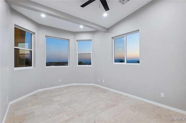 unfurnished room with lofted ceiling, recessed lighting, visible vents, and baseboards