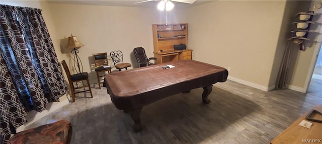 game room featuring ceiling fan, baseboards, wood finished floors, and pool table