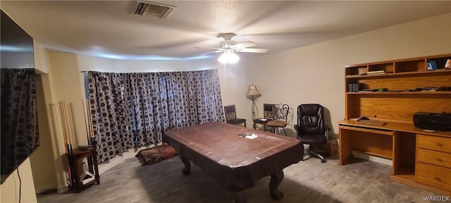 office area featuring a ceiling fan, pool table, visible vents, and wood finished floors