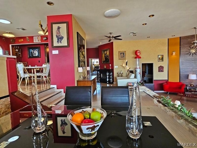 dining area featuring ceiling fan, visible vents, and recessed lighting