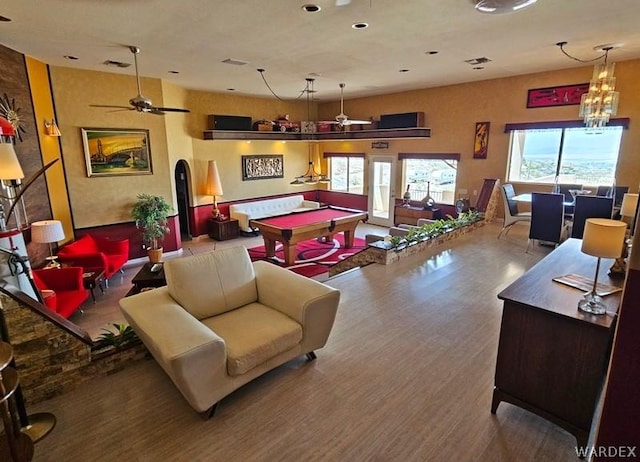 game room with ceiling fan, billiards, and wood finished floors