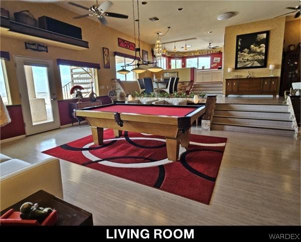 playroom featuring ceiling fan, pool table, visible vents, and track lighting