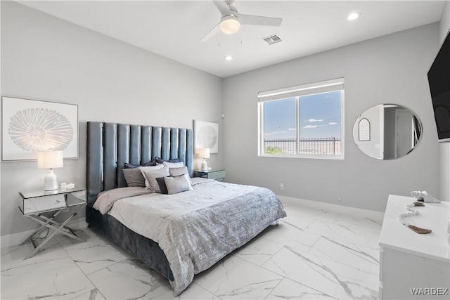 bedroom featuring visible vents, baseboards, a ceiling fan, marble finish floor, and recessed lighting