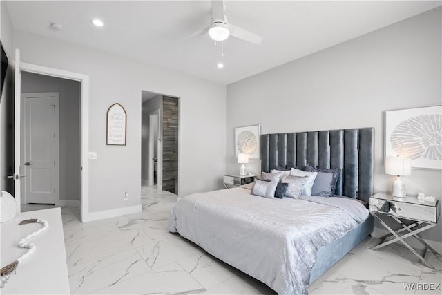 bedroom featuring marble finish floor, baseboards, a ceiling fan, and recessed lighting