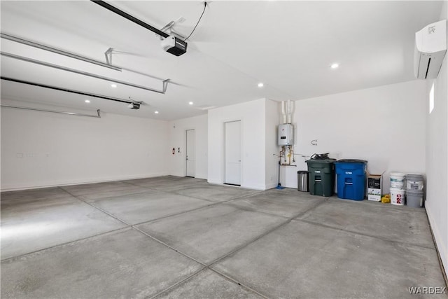 garage with a wall unit AC, water heater, and a garage door opener