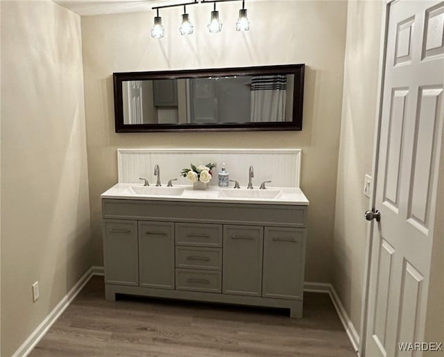 bathroom featuring baseboards, wood finished floors, a sink, and double vanity