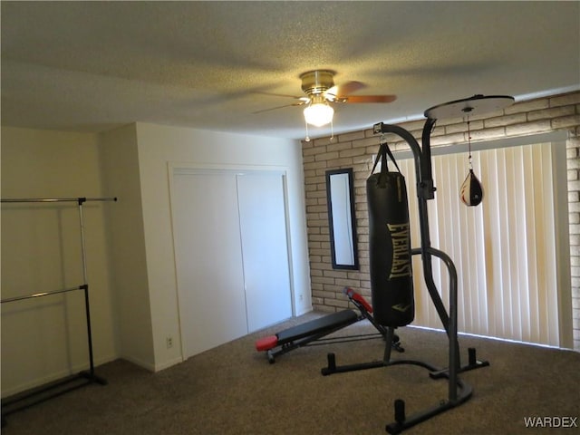 workout area featuring a textured ceiling, carpet floors, and a ceiling fan