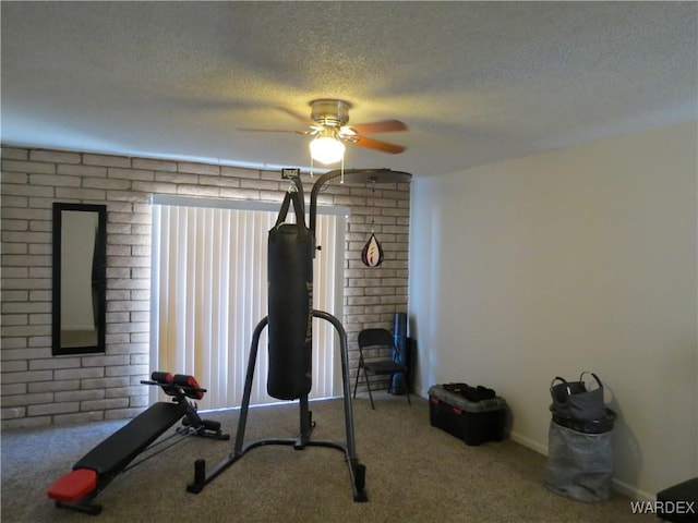 exercise area with a textured ceiling, ceiling fan, and carpet flooring